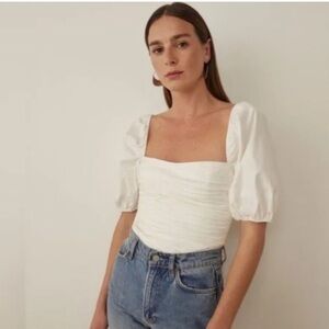 Reformation White Puff Sleeve Barry Smocked Tie Back Top
